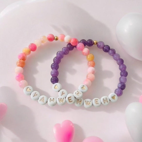 Bracelet en pierre de marbre multicolore rose ou violet YAHWEH