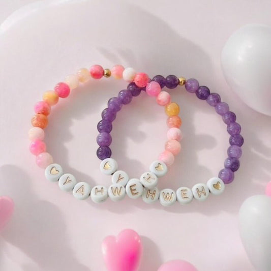 Bracelet en pierre de marbre multicolore rose ou violet YAHWEH