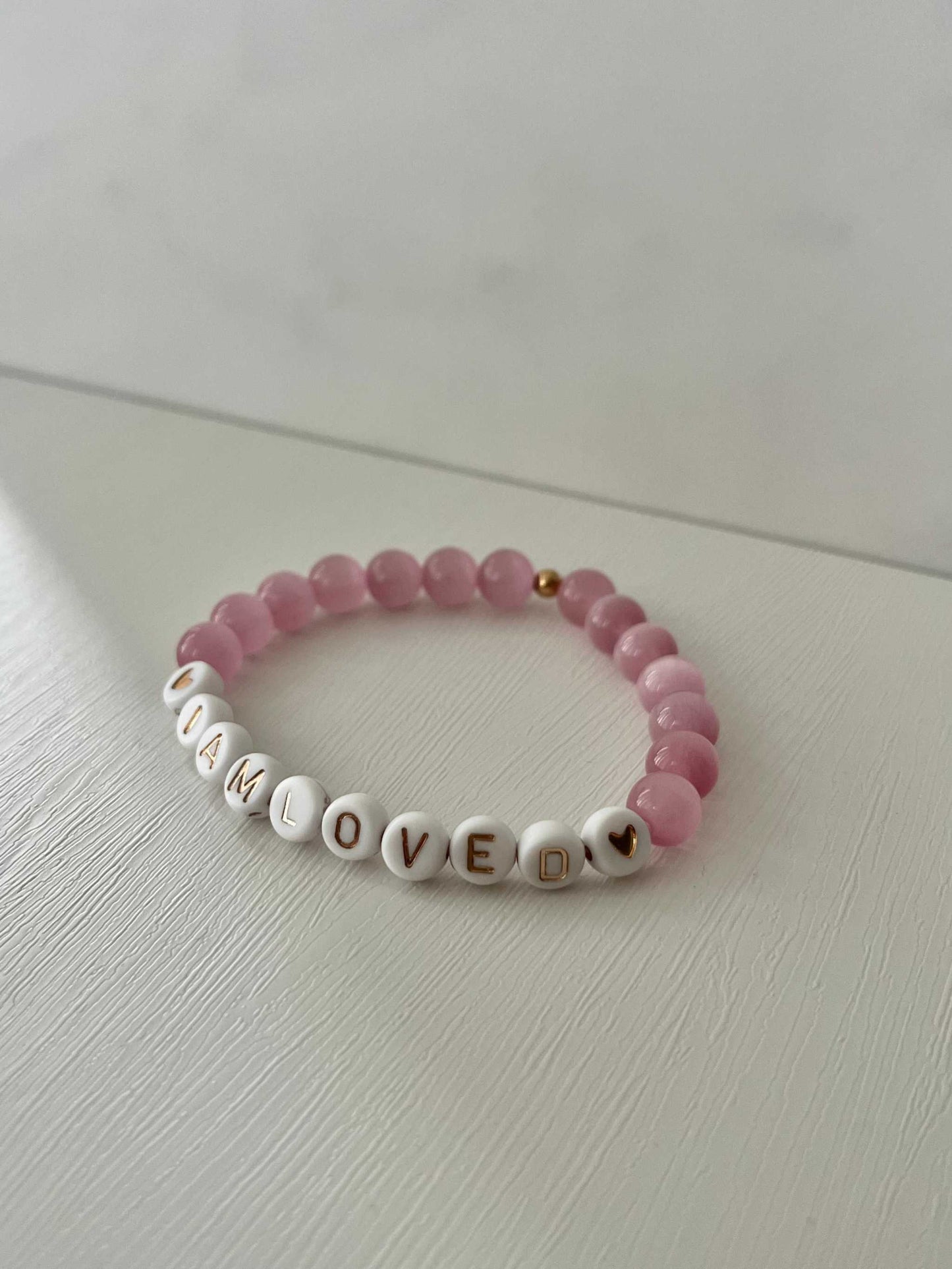 Pink opal and white faceted bead bracelet, I AM LOVED faith jewelry.