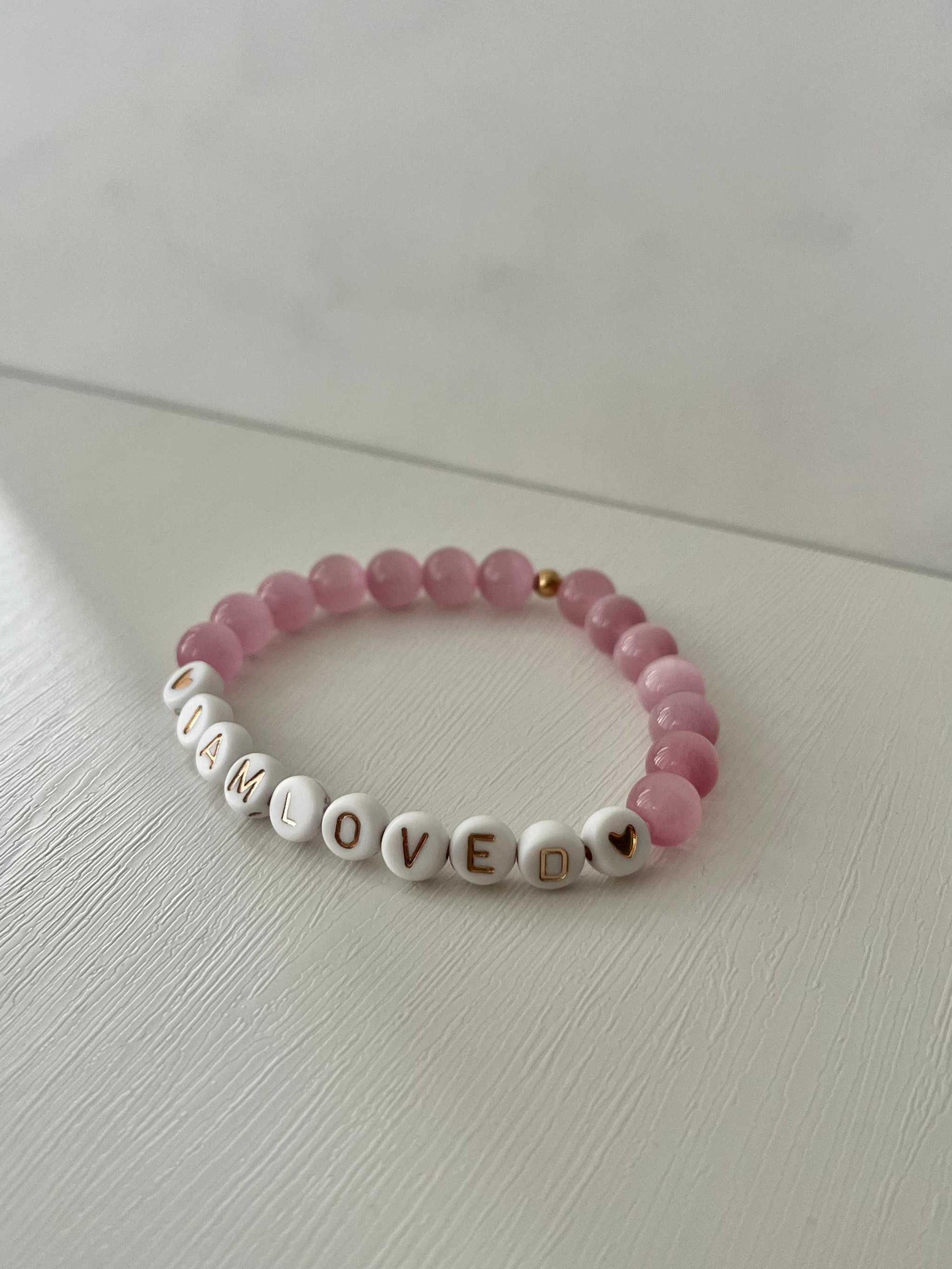 Pink opal and white faceted bead bracelet, I AM LOVED faith jewelry.
