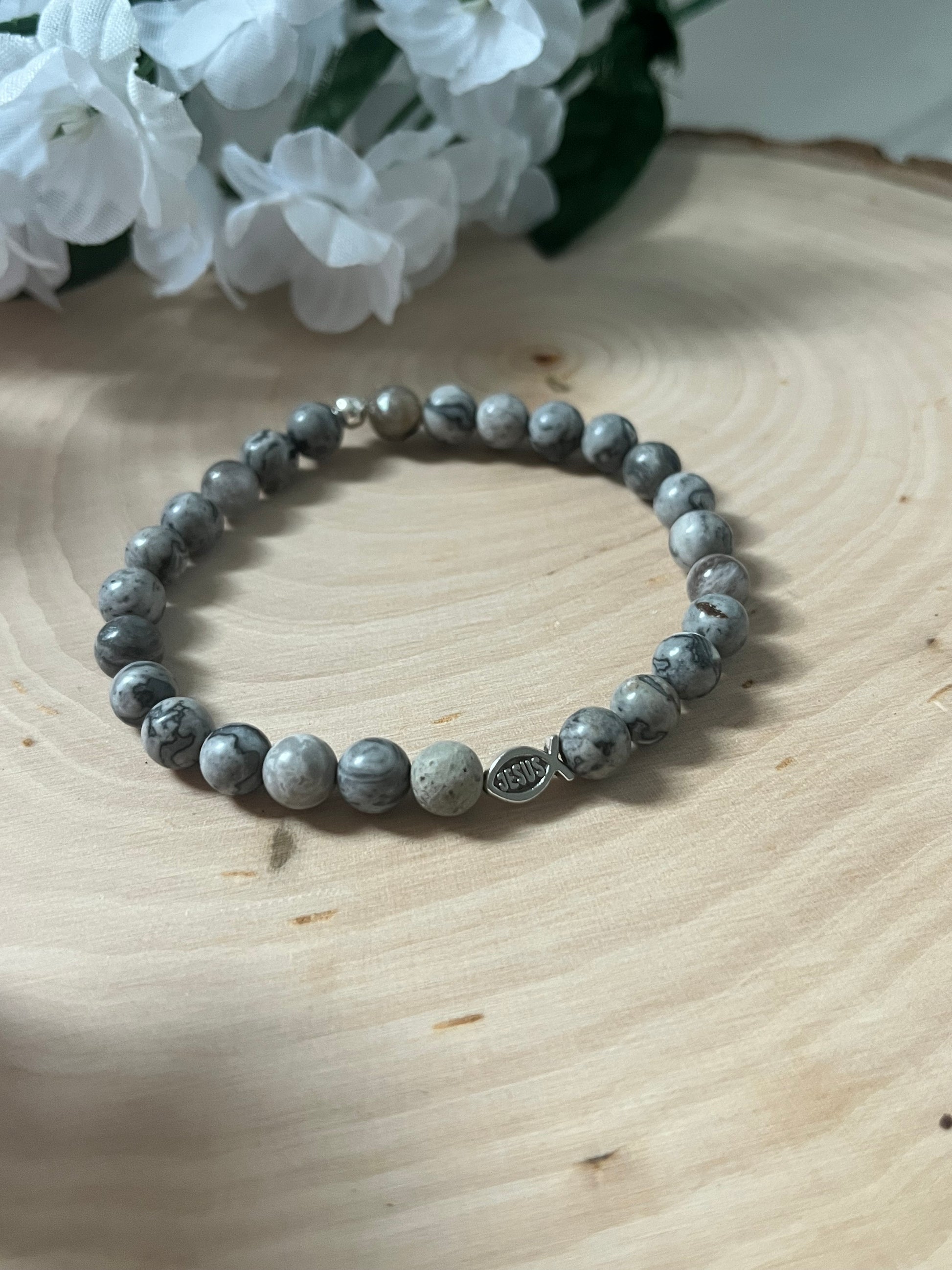 Gray Marble Jesus Fish Bead Bracelet - Spiritual Christian Jewelry