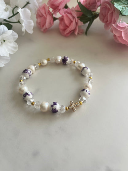 Freshwater pearl floral cross bracelet with gold cross charm and floral beads