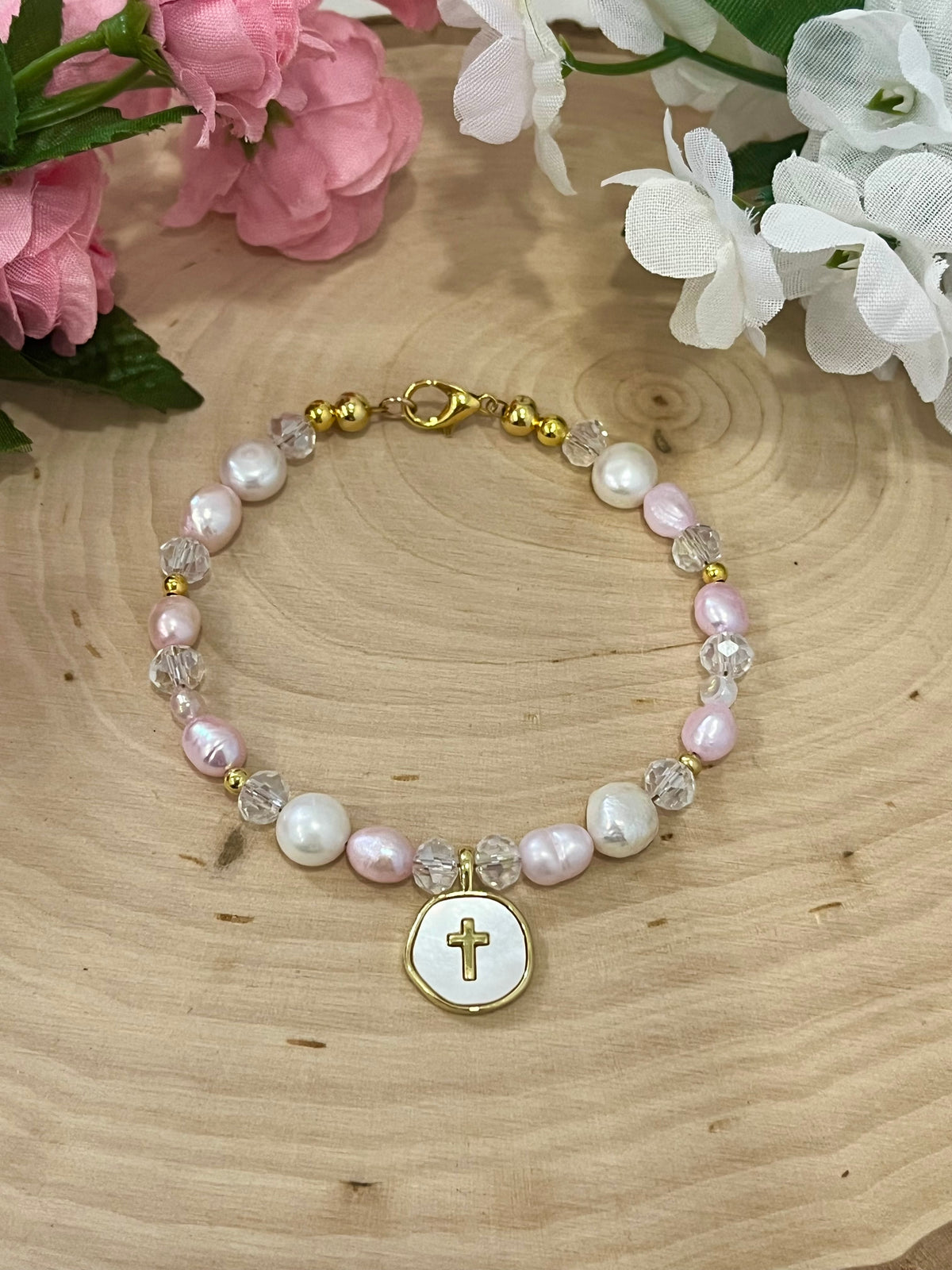 Pink white pearl gold cross bead bracelet Christian jewelry for women