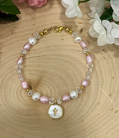Pink white pearl gold cross bead bracelet Christian jewelry for women
