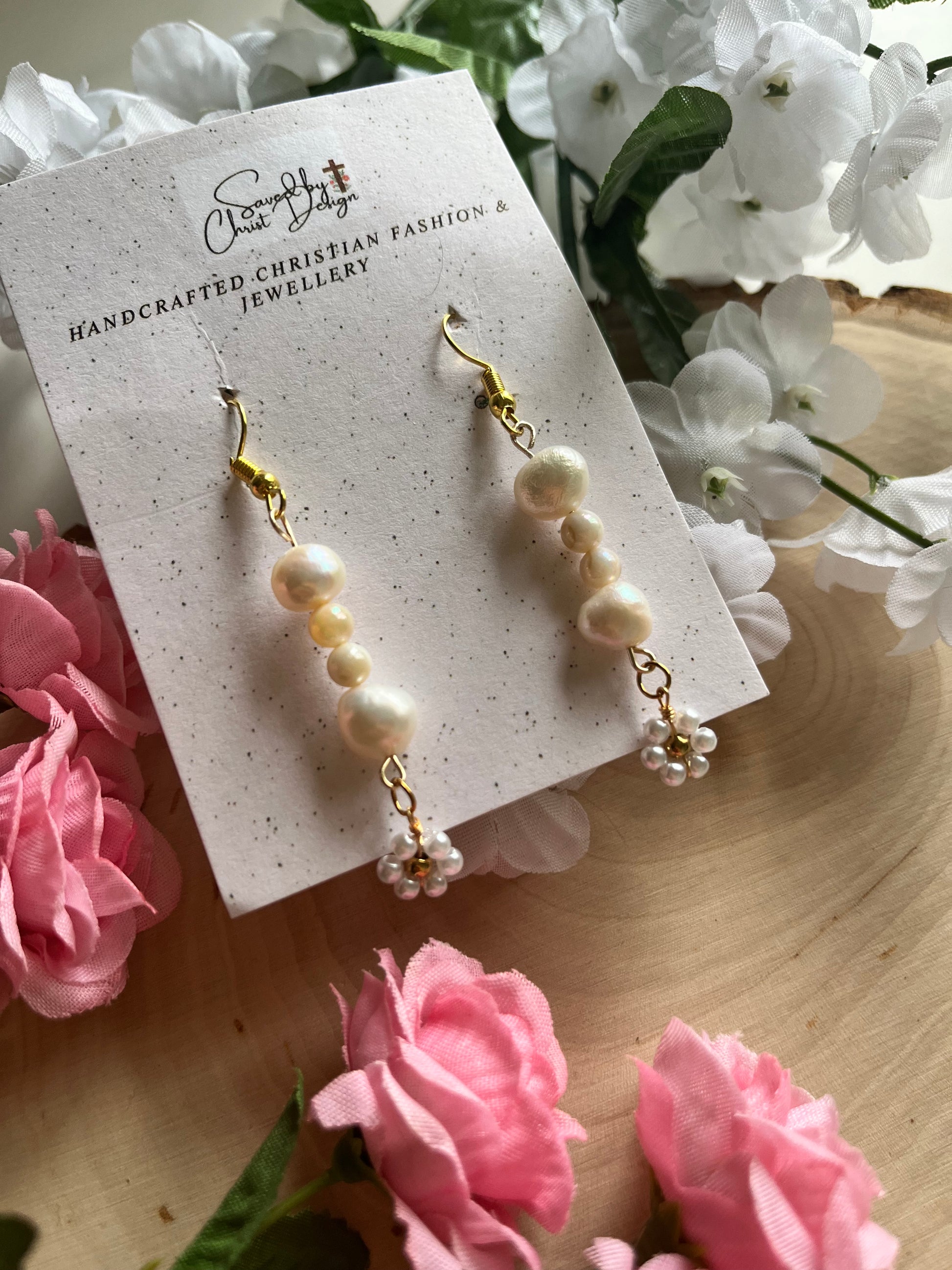 Pearl Daisy Gold Earrings with freshwater pearls – Christian jewelry for women
