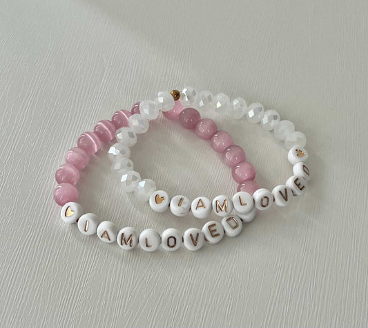 Pink opal and white faceted bead bracelet, I AM LOVED faith jewelry.