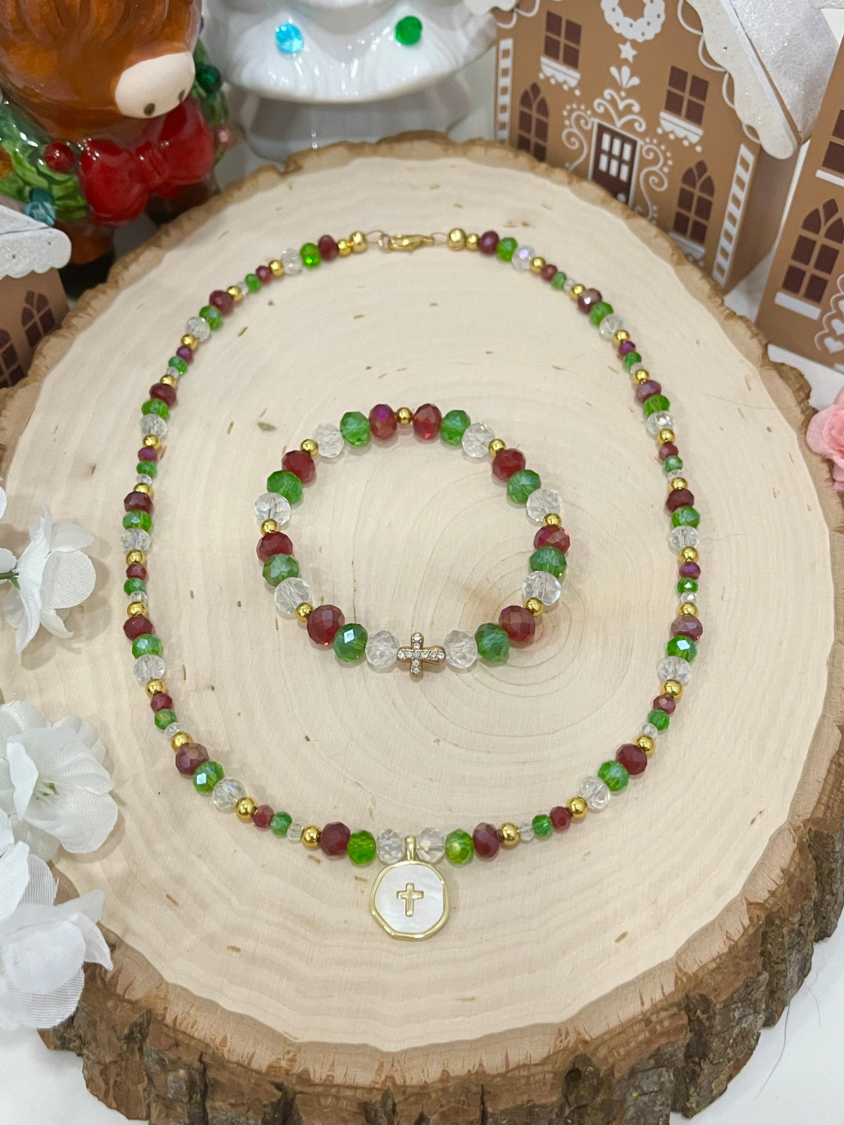 Christmas cross necklace and bracelet set with gold cross charms