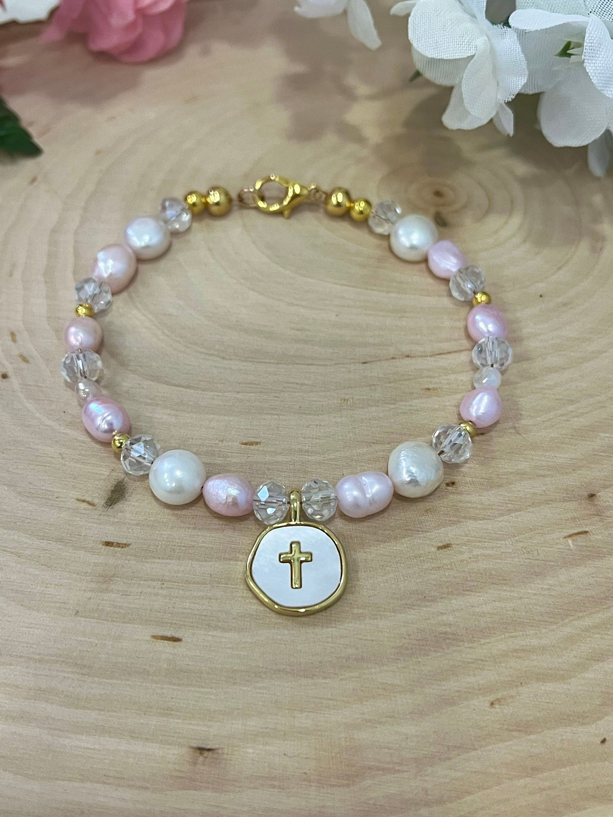 Pink white pearl gold cross bead bracelet Christian jewelry for women no