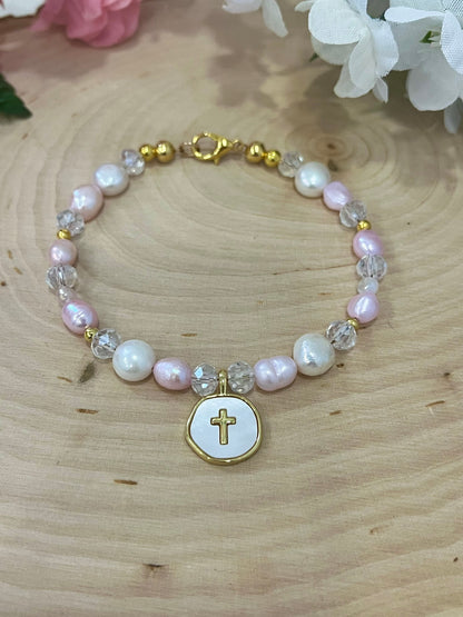 Pink white pearl gold cross bead bracelet Christian jewelry for women no