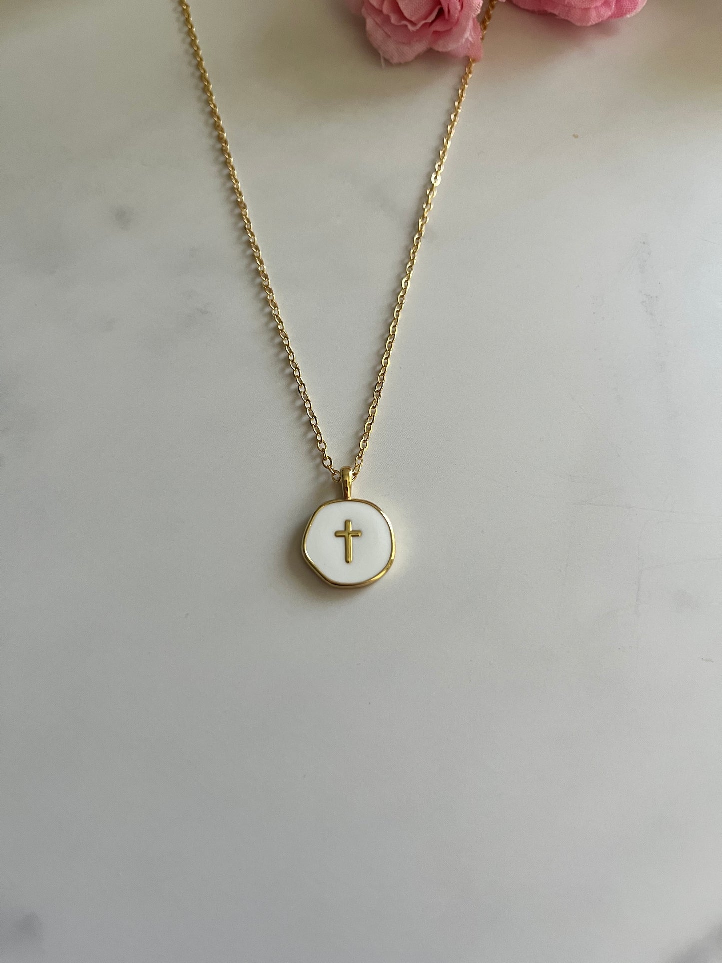 Gold white cross necklace hypoallergenic Christian jewelry for women
