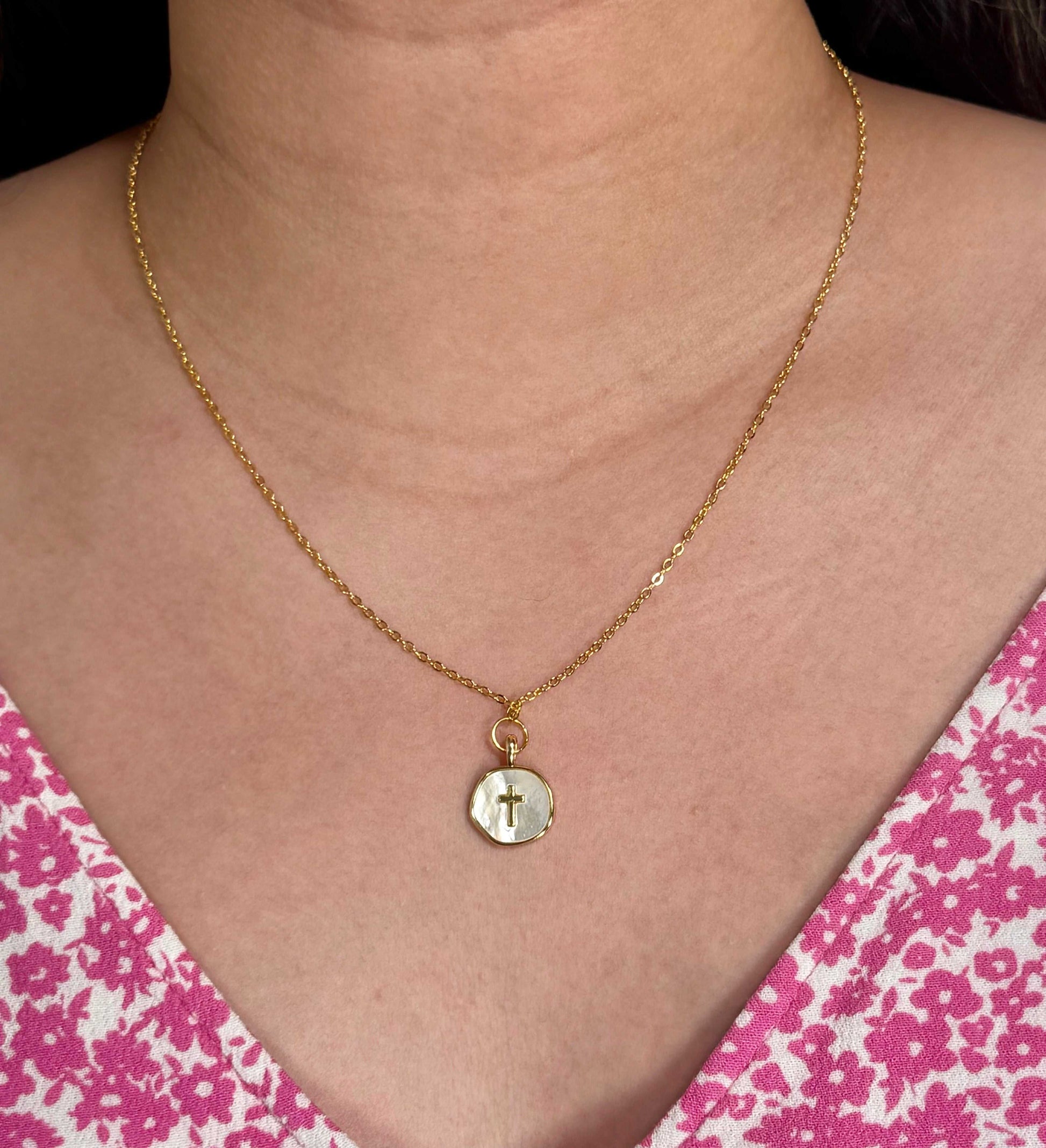 16K gold necklace with pearl cross, Simply in Christ collection.