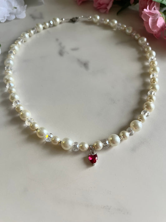 Silver necklace heart pendant with glass and pearl beads