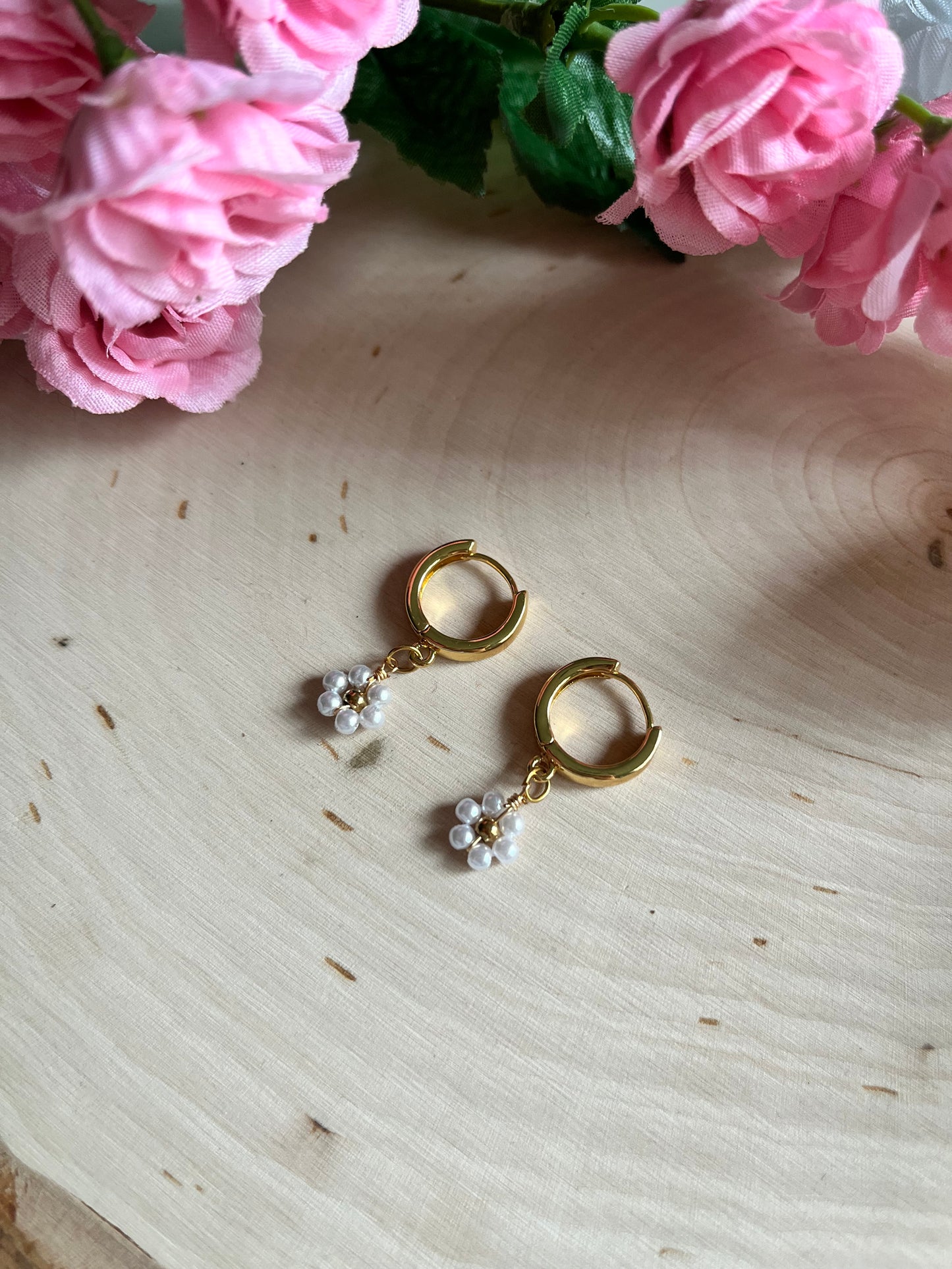 Gold floral huggie earrings with anti-tarnish finish – faith-inspired Christian jewelry