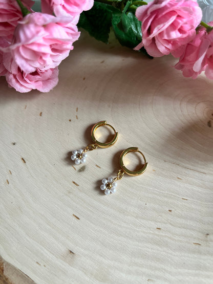 Gold floral huggie earrings with anti-tarnish finish – faith-inspired Christian jewelry
