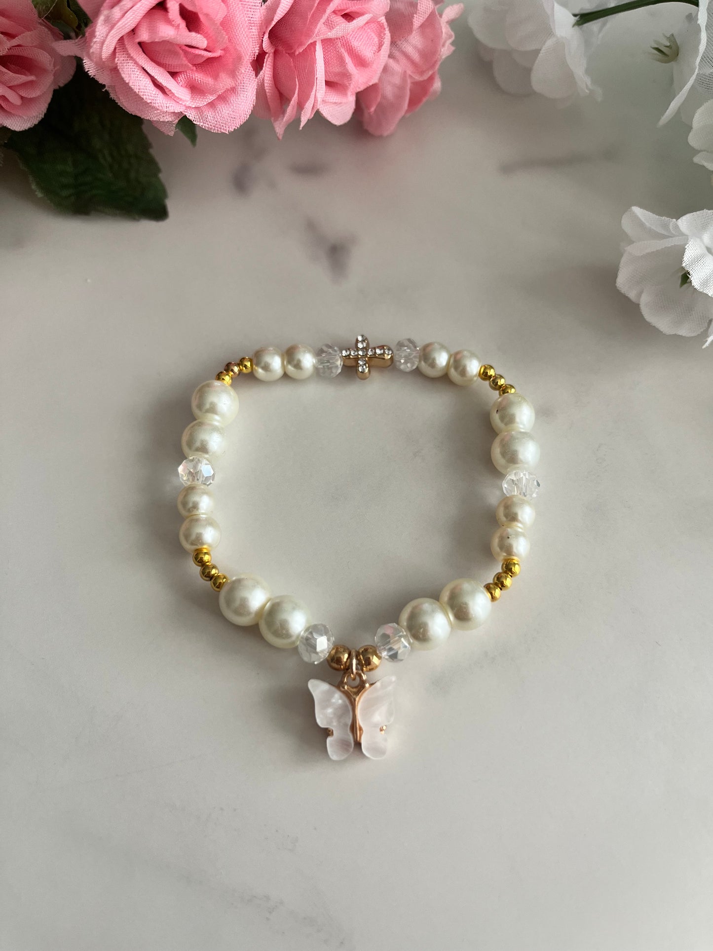 Christian Butterfly Cross Pearl Bead Bracelet with pearl stone and glass beads