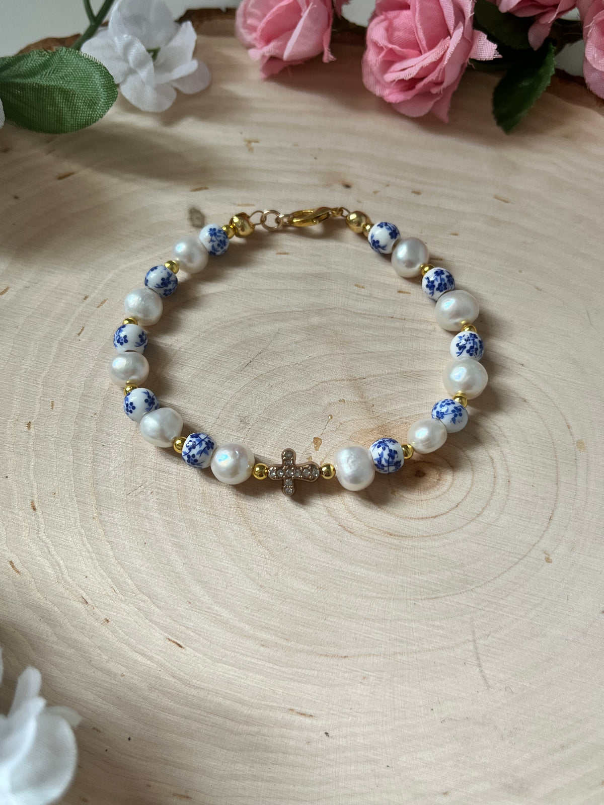 Floral Pearl Cross Bracelet – Christian Jewelry for Women