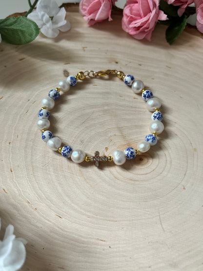 Floral Pearl Cross Bracelet – Christian Jewelry for Women