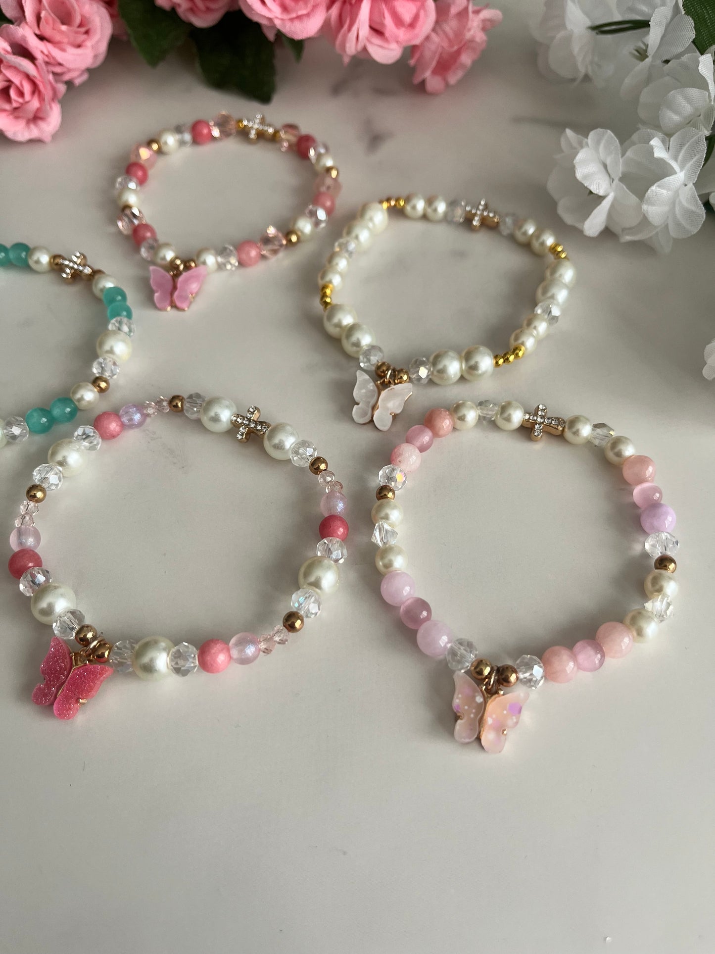 Christian Butterfly Cross Pearl Bead Bracelet with pearl stone and glass beads