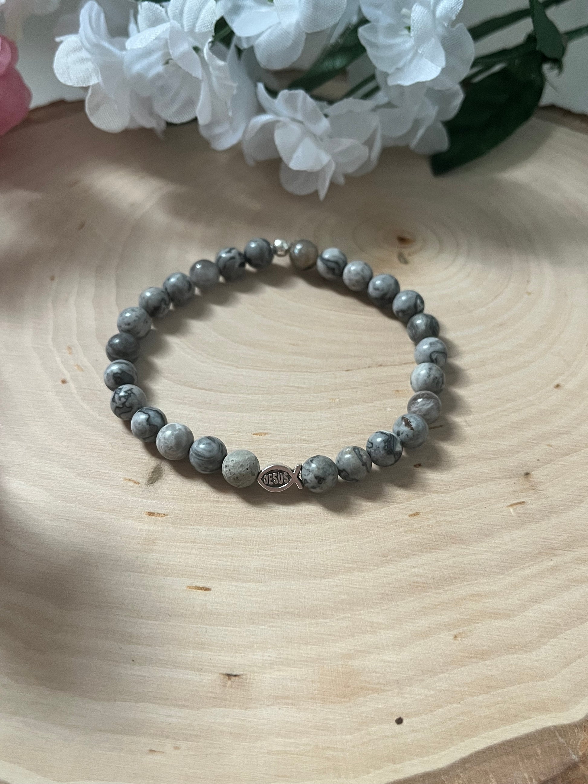 Gray Marble Jesus Fish Bead Bracelet - Spiritual Christian Jewelry