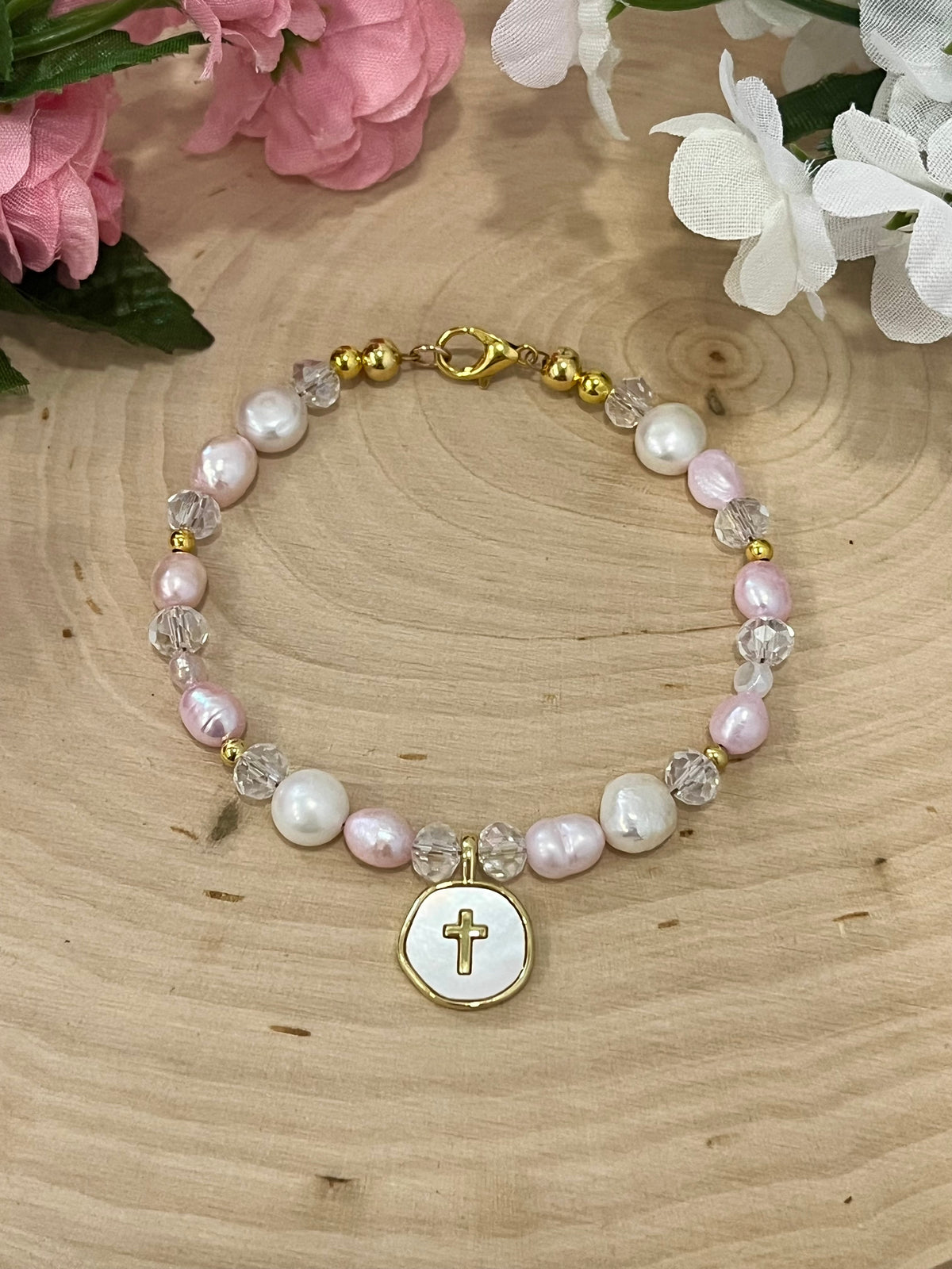Pink white pearl gold cross bead bracelet Christian jewelry for women