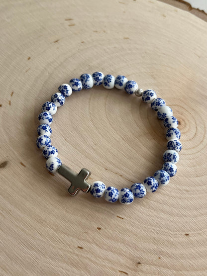 Blue floral cross bead bracelet, handmade Christian jewelry and faith gift for women