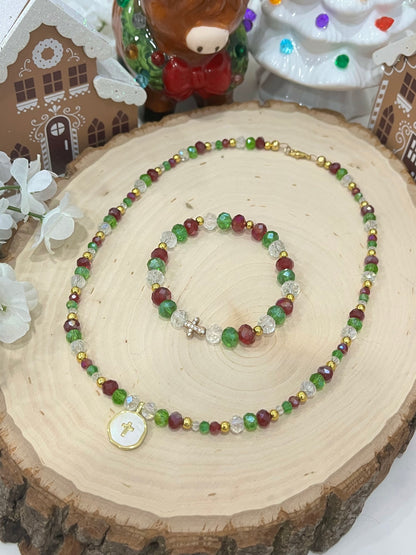 Christmas cross necklace and bracelet set with gold cross charms