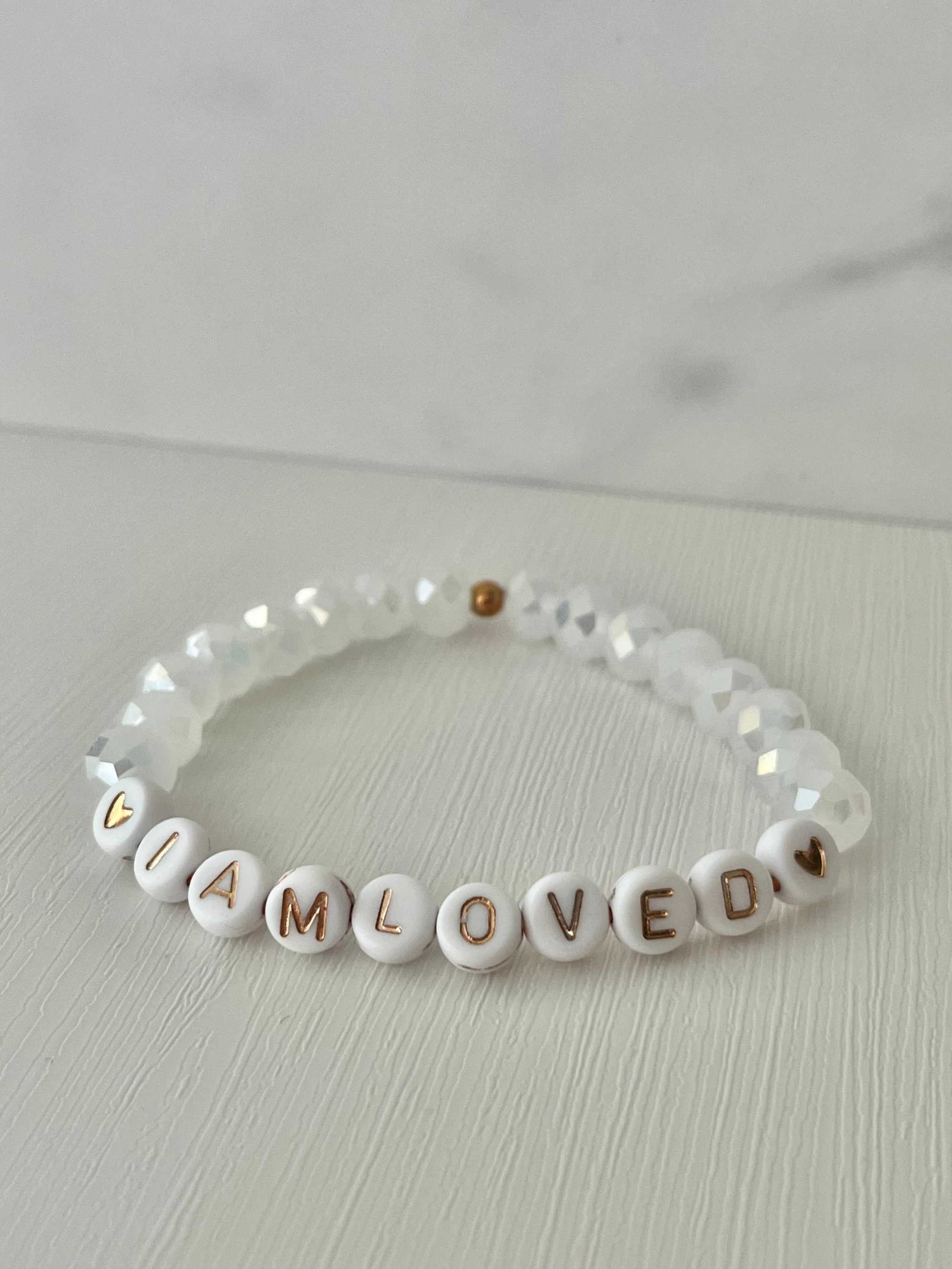 Pink opal and white faceted bead bracelet, I AM LOVED faith jewelry.