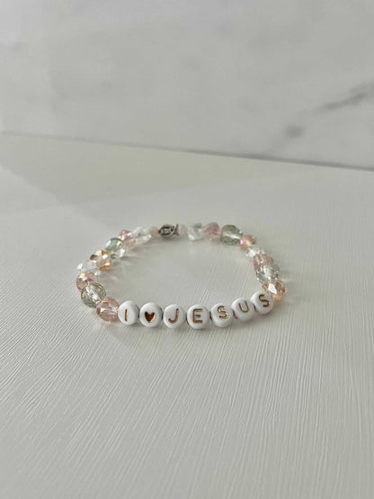 I Love Jesus bead bracelet with crystal beads – faith-inspired jewelry.

