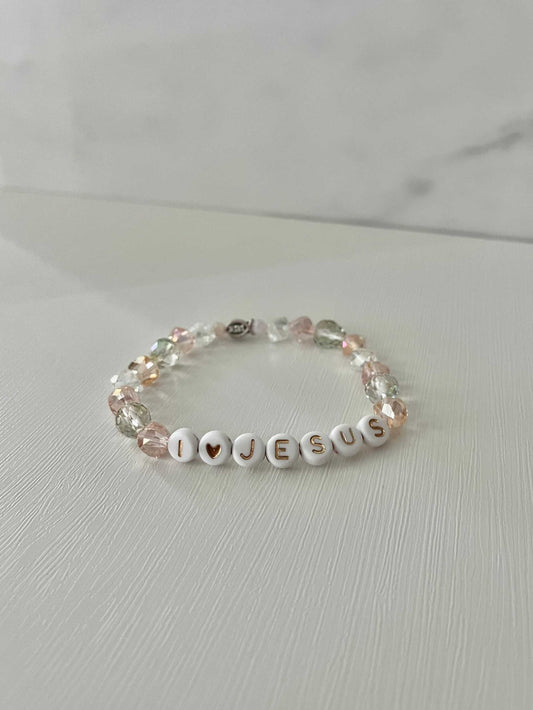 I Love Jesus bead bracelet with crystal beads – faith-inspired jewelry.

