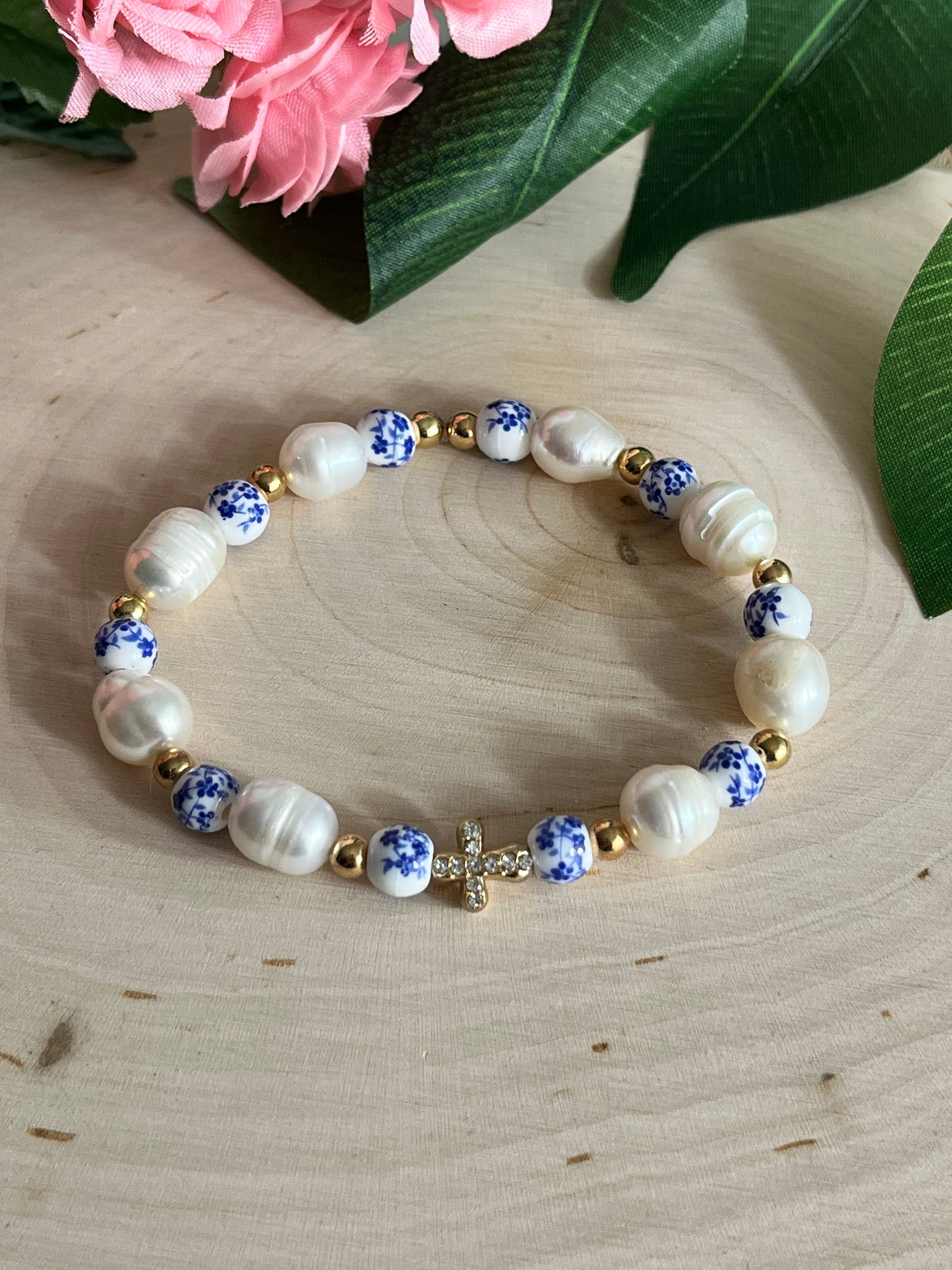 Floral Pearl Cross Bracelet with Gold Charm – Christian Jewelry