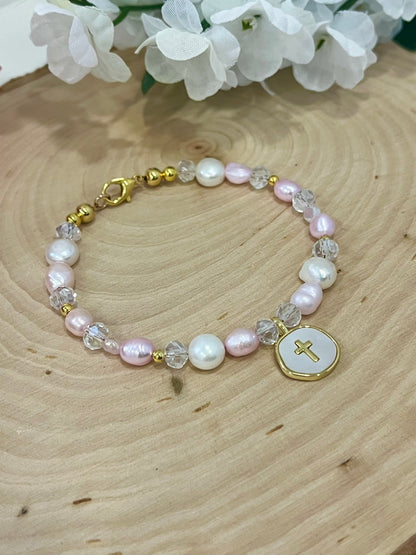 Pink white pearl gold cross bead bracelet Christian jewelry for women