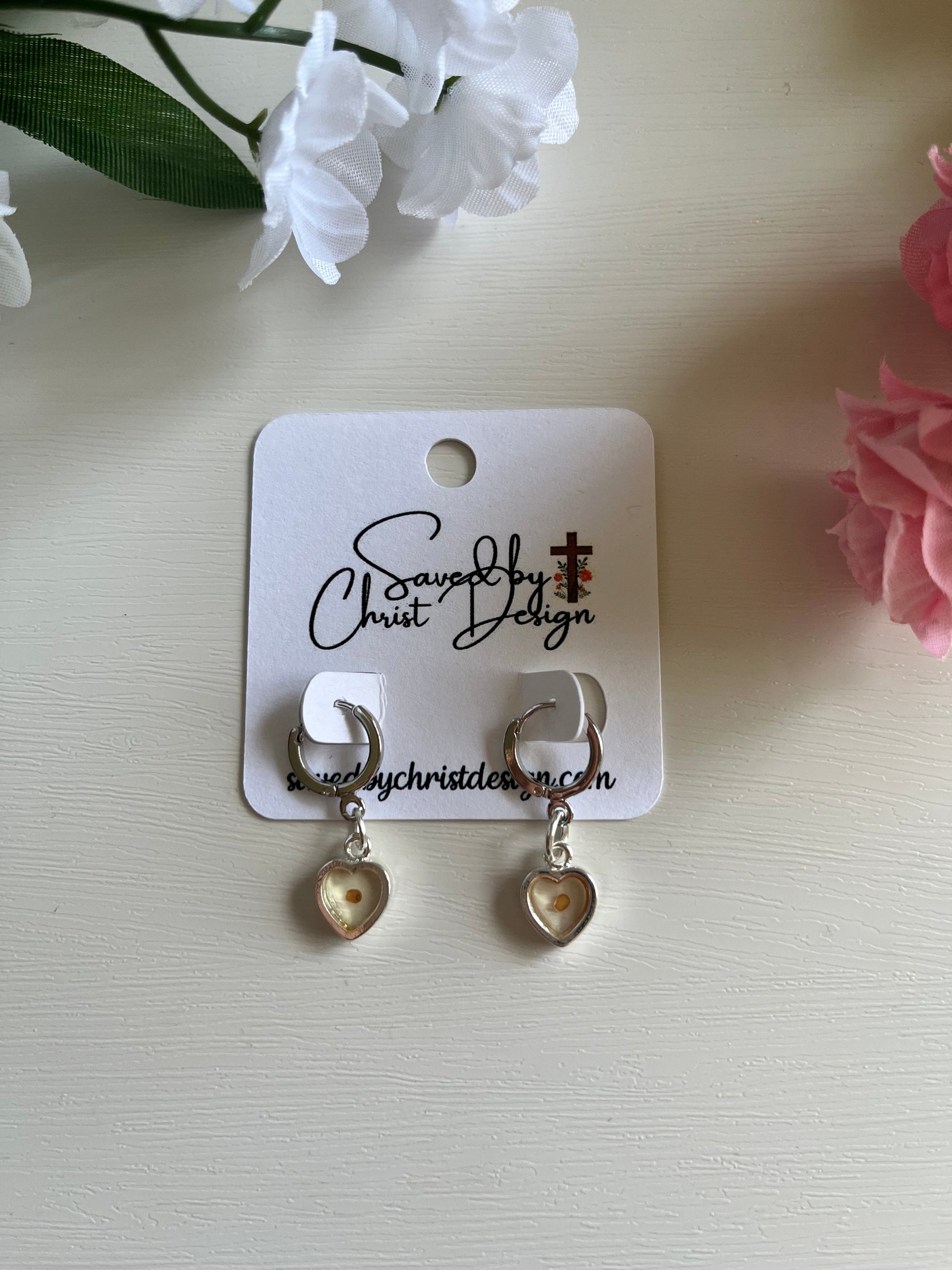 Mustard Seed Heart Huggie Earrings Christian jewelry with real mustard seed charm in gold or silver