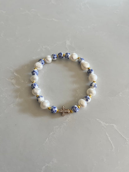 Floral Pearl Cross Bracelet – Christian Jewelry for Women