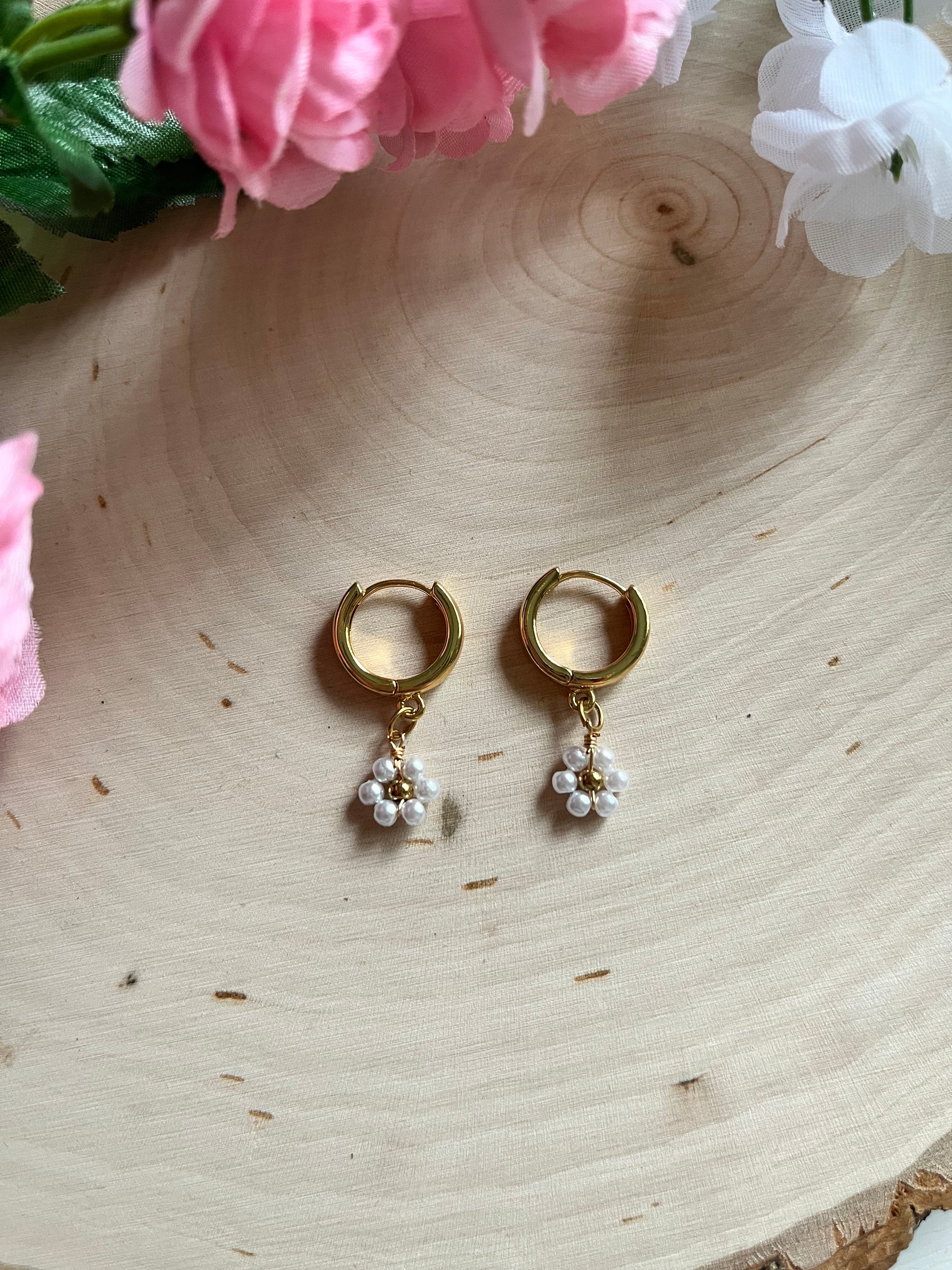 Gold floral huggie earrings with anti-tarnish finish – faith-inspired Christian jewelry