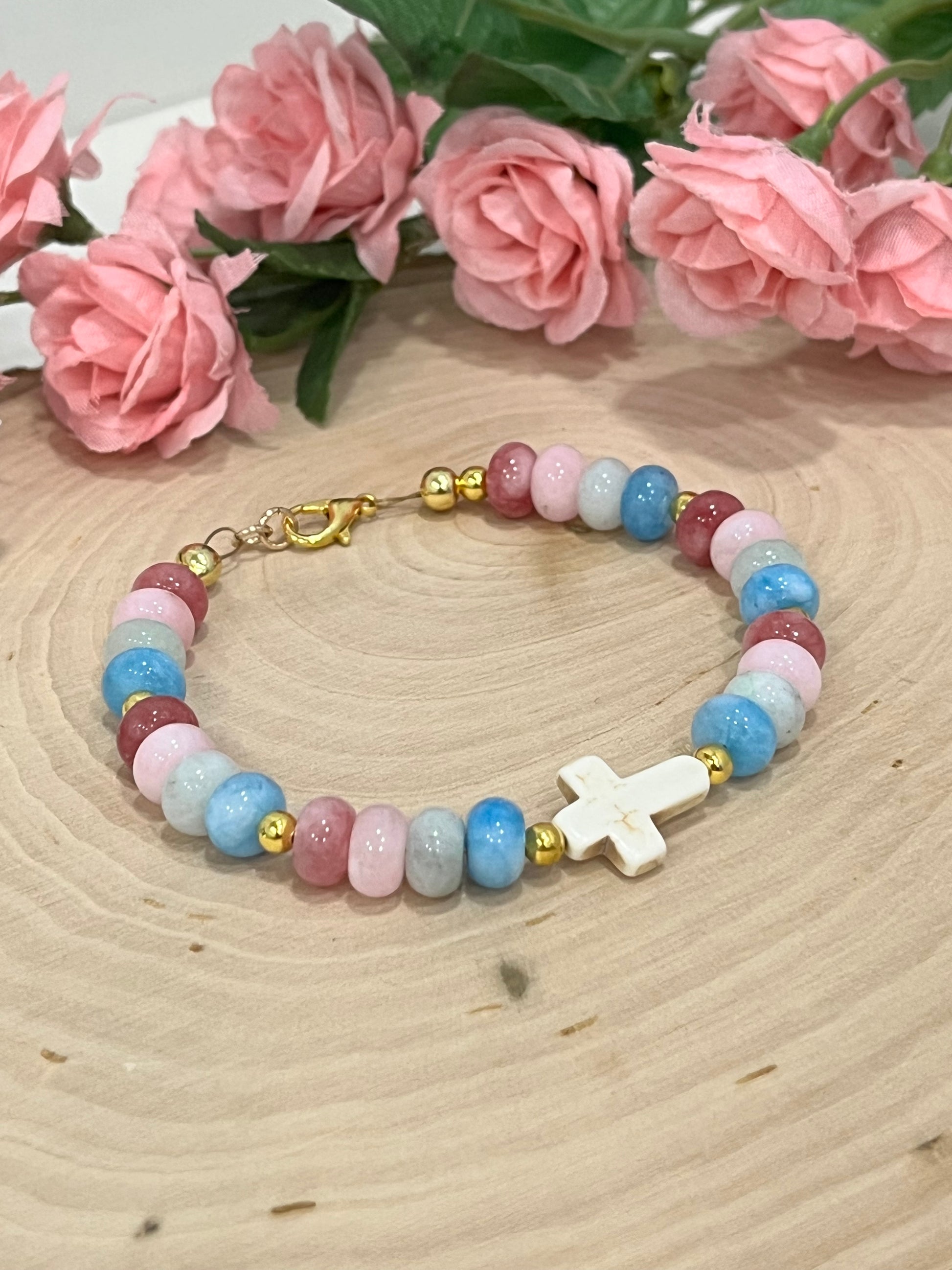 Fruit of the Spirit Cross Bracelet with stone beads and gold accents