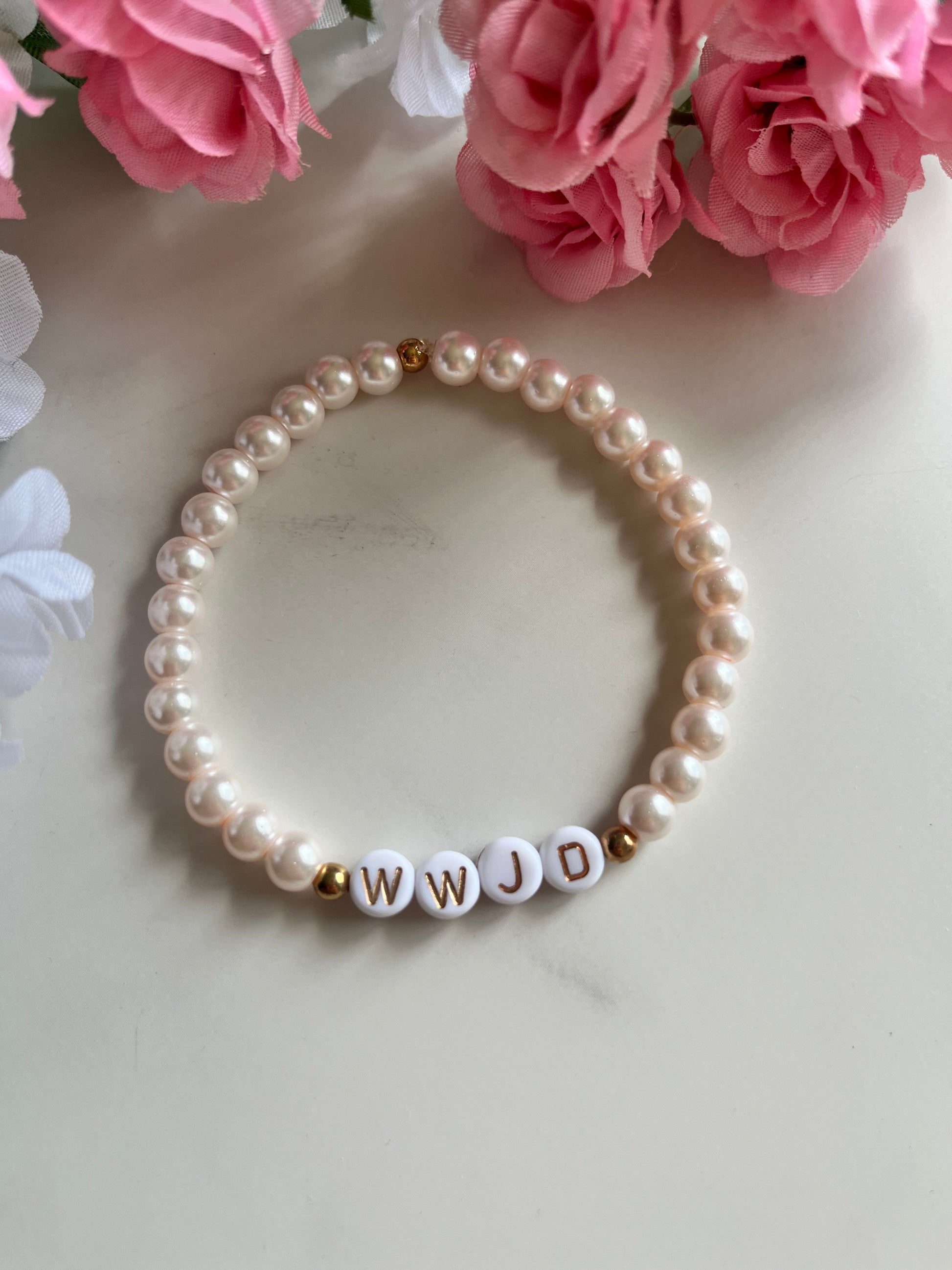 Pearl pink WWJD bracelet – Christian beaded jewelry