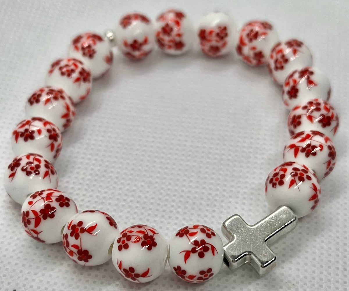 Red floral cross bead bracelet with cross charm, handmade Christian faith jewelry for women