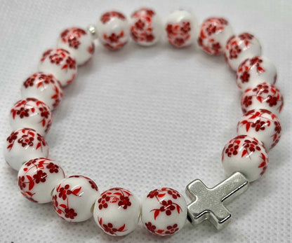Red floral cross bead bracelet with cross charm, handmade Christian faith jewelry for women