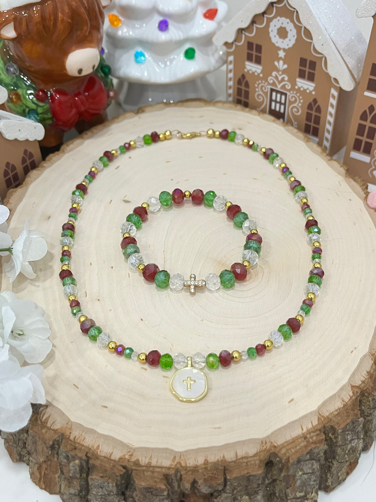 Christmas cross necklace and bracelet set with gold cross charms