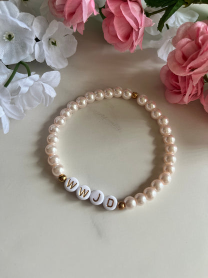 Pearl pink WWJD bracelet – Christian beaded jewelry