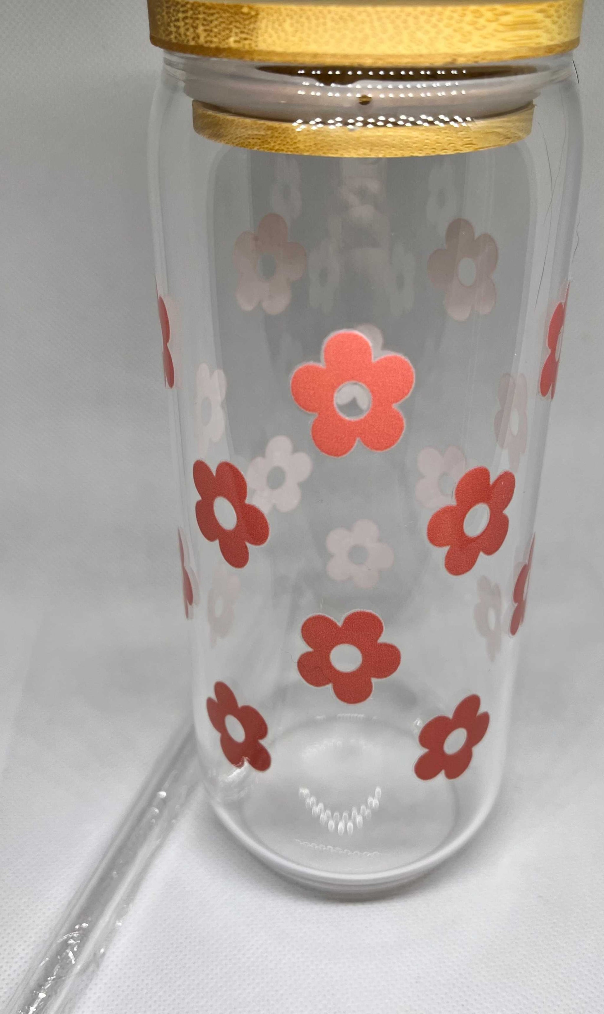 Pink Flower Glass Tumbler with straw and cleaner – 22oz drinkware.

