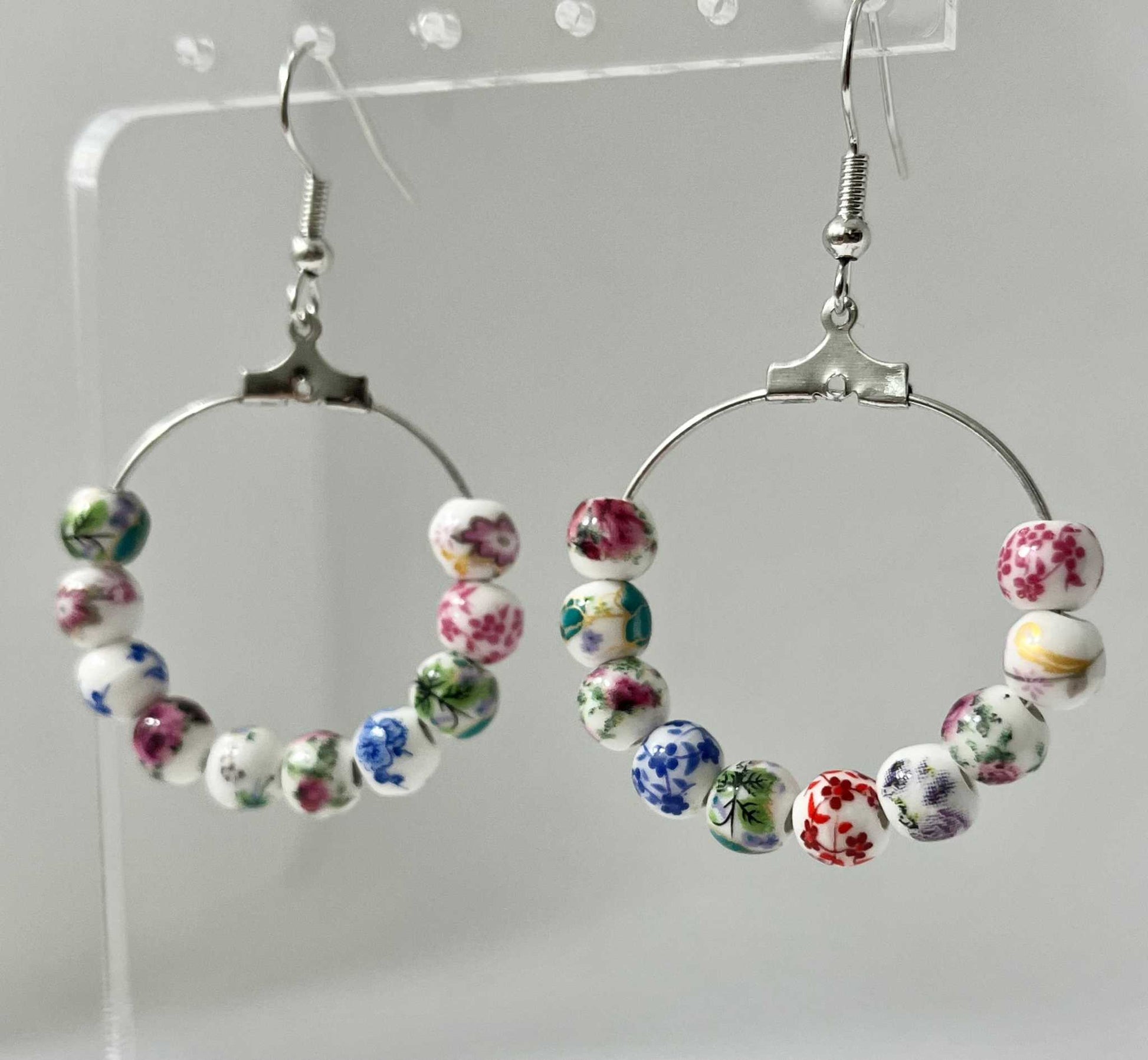Floral Ceramic Hoop Earrings - Multicolored Beaded Silver Hoops