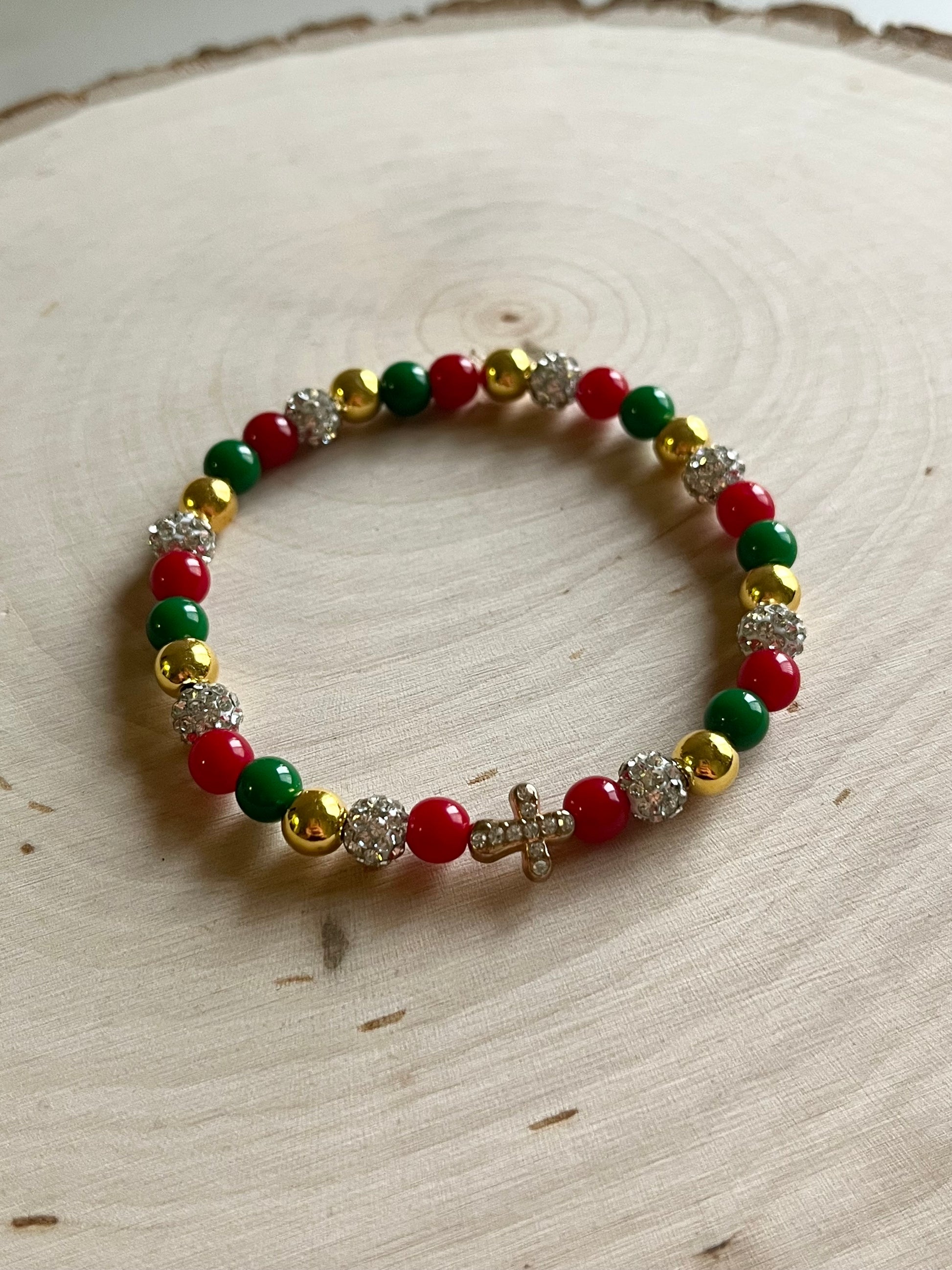 Noel Christmas Cross Bead Bracelet – Faith-Inspired Handmade Jewelry Gift for Christian Women, Holiday Red and Gold Beaded Design