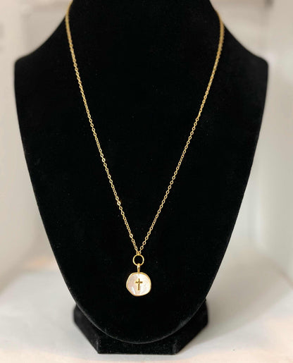 16K gold necklace with pearl cross, Simply in Christ collection.