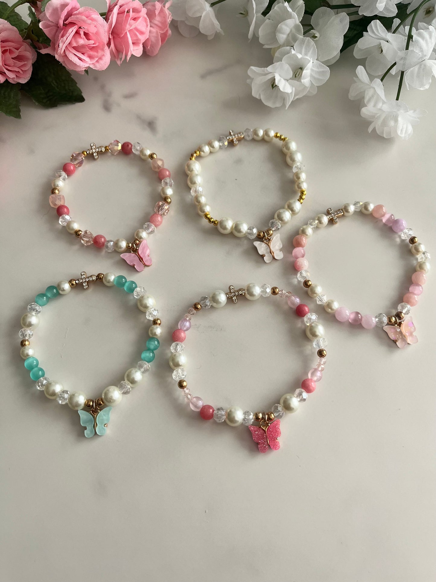 Christian Butterfly Cross Pearl Bead Bracelet with pearl stone and glass beads