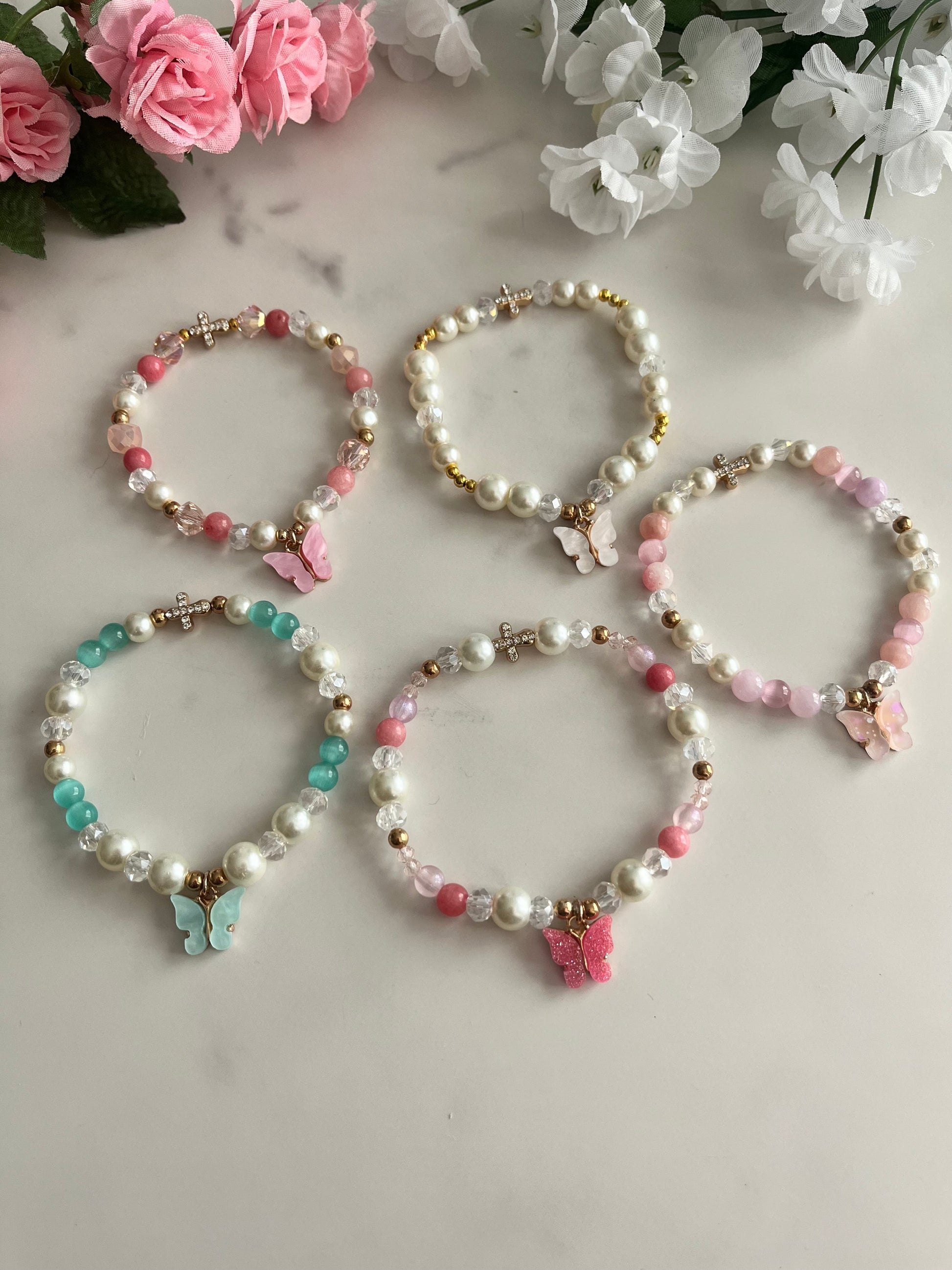 Christian Butterfly Cross Pearl Bead Bracelet with pearl stone and glass beads
