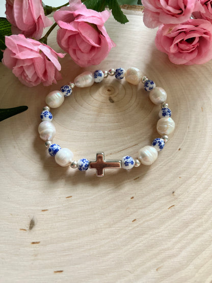 Floral Pearl Cross Bracelet – Christian Jewelry for Women