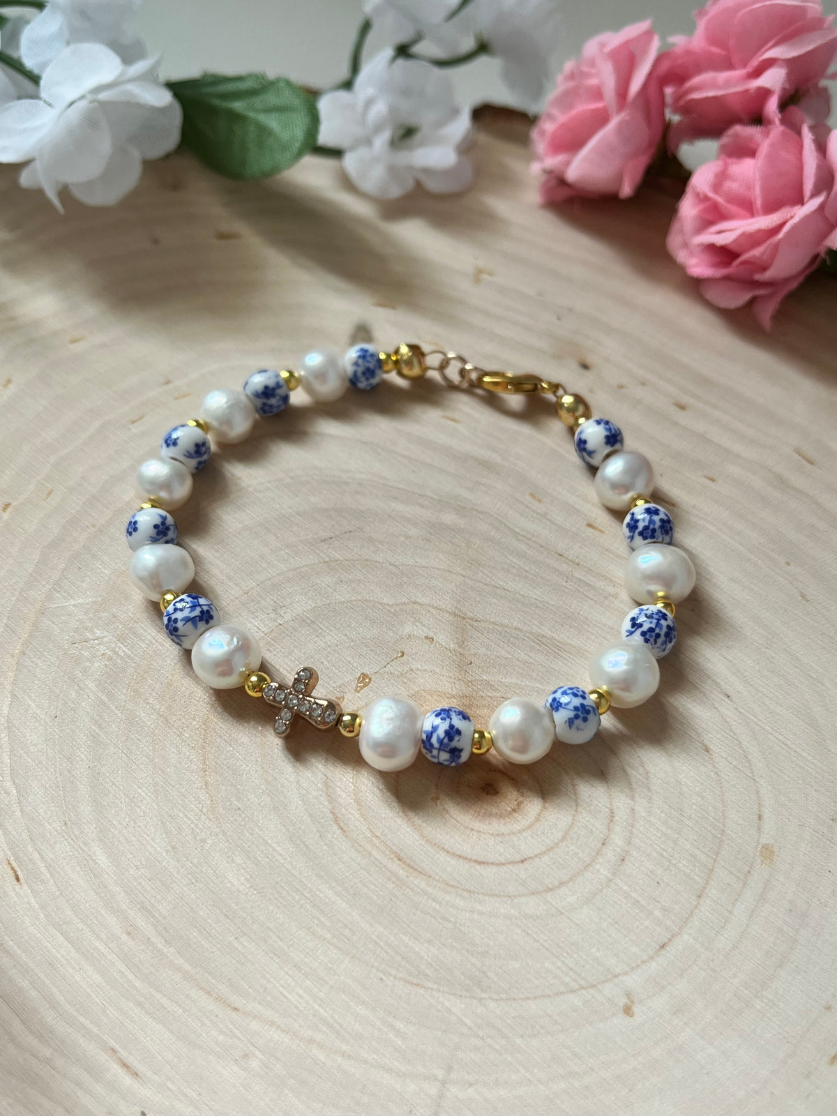 Floral Pearl Cross Bracelet – Christian Jewelry for Women