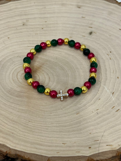 Jeweled Christmas Gold Cross bead bracelet – festive Christian holiday jewelry.
