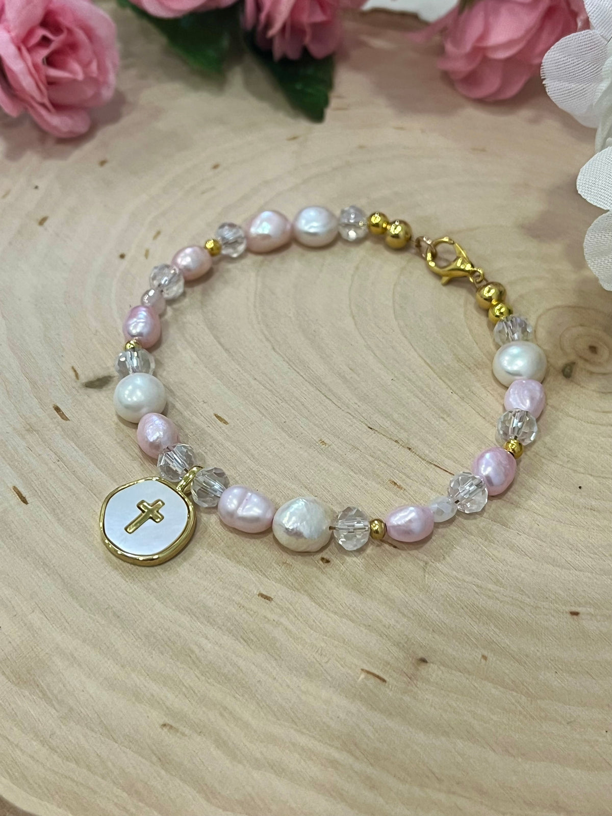 Pink white pearl gold cross bead bracelet Christian jewelry for women